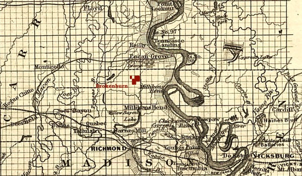 Brokenburn Plantation on 1863 map of Milliken's Bend area of Madison Parish, Louisiana